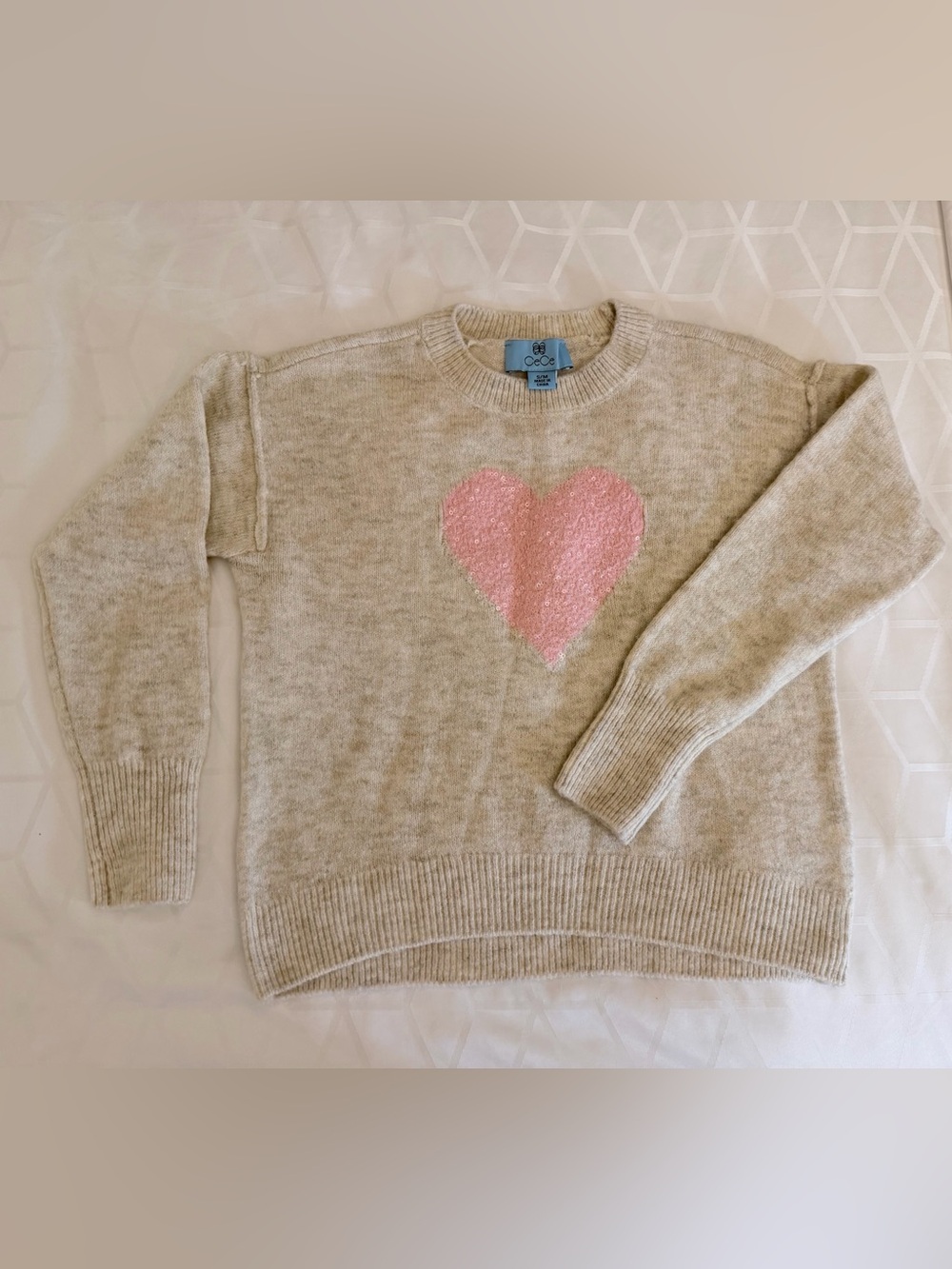 CeCe Cream Crewneck Sweater with Pink Heart Motif